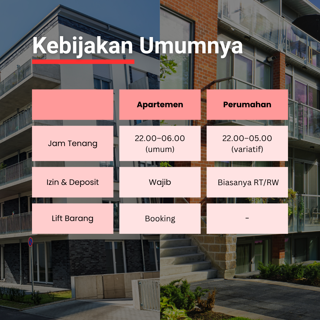 Matriks kebijakan umum: jam tenang, izin & deposit, lift barang—perbandingan apartemen dan perumahan