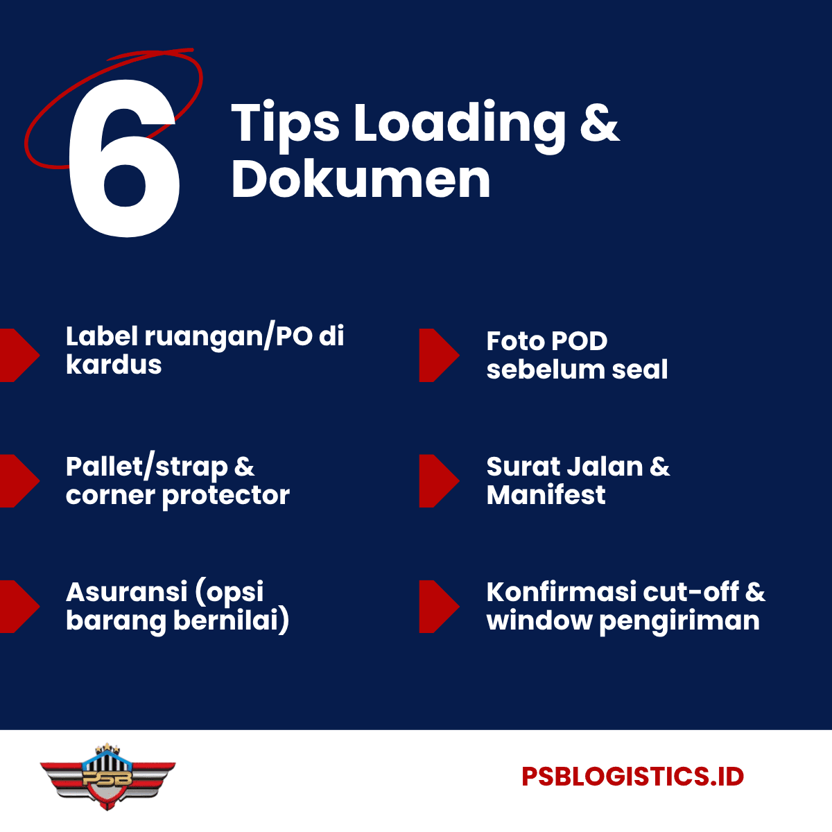 Enam tips: label ruangan/PO, pallet/strap & corner protector, asuransi (opsi), foto POD sebelum seal, surat jalan & manifest, konfirmasi cut-off & window