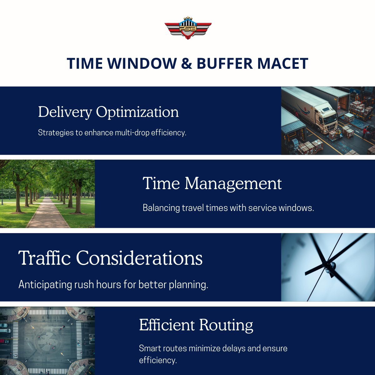 Timeline harian 07.00–19.00 untuk stop A–F dengan segmen Travel, Service, Buffer dan pita Time Window
