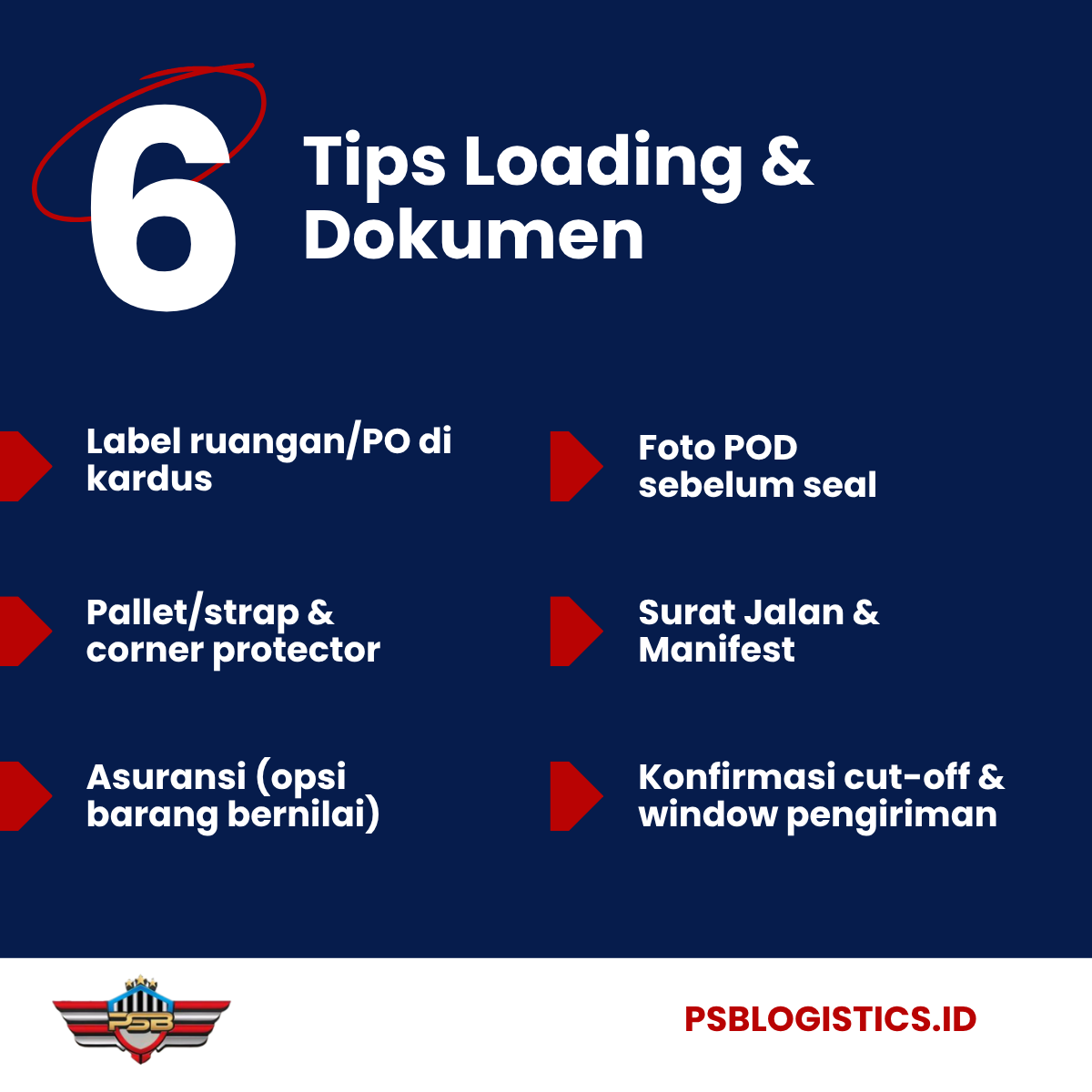 Enam tips: label ruangan/PO, pallet/strap & corner protector, asuransi (opsi), foto POD sebelum seal, surat jalan & manifest, konfirmasi cut-off & window